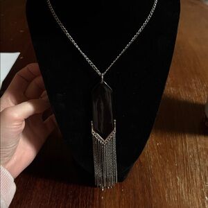 Vintage Pendant Necklace Black With Silver Tone Chain And Tassels